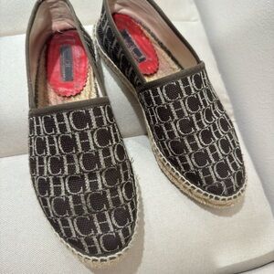 Carolina Herrera Brown & Cream CH Logo Espadrille Flats